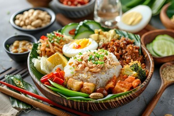 Nasi Pecel, Indonesia Food Rice and Vegetables with Boiled Egg and Peanut Sauce with perkedel, bakwan, peyek, fried egg and sate kerang, ikan lele. Traditional concept - generative ai
