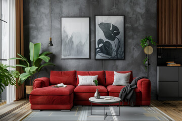 
Dark red sofa and recliner chair in Scandinavian apartment. Interior design of modern living room. Generative Ai.