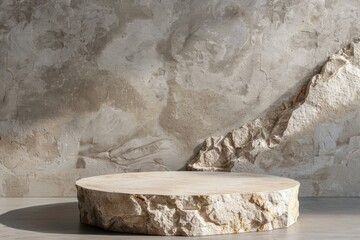 Modern marble podium for products near stone wall.