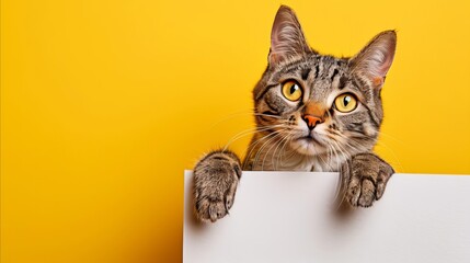 Black tabby grey cat holding a white paper board on a yellow background. A photo that you can use for product promotion about cats. Photos of well-groomed and beautiful animals.