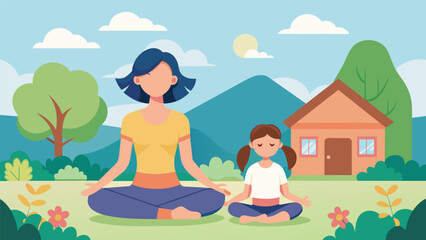 A mother and daughter practicing yoga in the backyard finding peace and relaxation in nature without the need for guided meditation apps.. Vector illustration