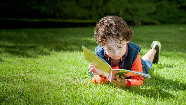 Menino deitado no gramado do jardim lendo, leitura infantil.