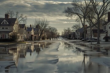 Flooded Suburban Neighborhood with Reflective Puddles and Overcast Skies