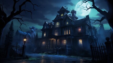 Fototapeta premium Haunted mansion, flickering lights, eerie atmosphere, night, wide shot, spooky anime style