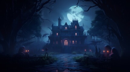 Haunted mansion, flickering lights, eerie atmosphere, night, wide shot, spooky anime style