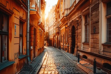 Obraz premium A narrow cobblestone street with a few buildings on either side. The street is lined with windows and has a brick sidewalk