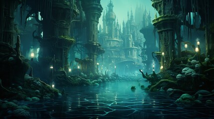 Obraz premium Underwater city, mermaids, glowing algae, dim light, wide shot, mystical anime style