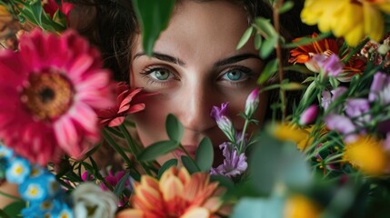 Close-up of a young woman's face partially obscured by vibrant flowers, conveying a sense of beauty and nature. Enchanting Floral Gaze. lush summer floral arrangement, captivating gaze. AIG50