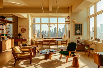 Modern New York apartment, mid-century modern furniture and decor, green armchairs, neutral colors, wooden bookshelves, large Windows with sun,