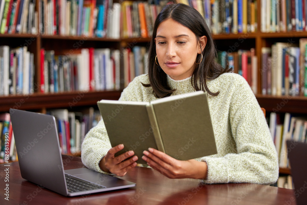 Poster Library, reading and woman with books and laptop for research, studying and learning. Education, college and student with textbook and computer for knowledge, information and project at university