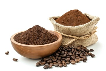 Roasted coffee beans in sack bag with coffe powder (ground coffee) in wooden bowl isolated on white...