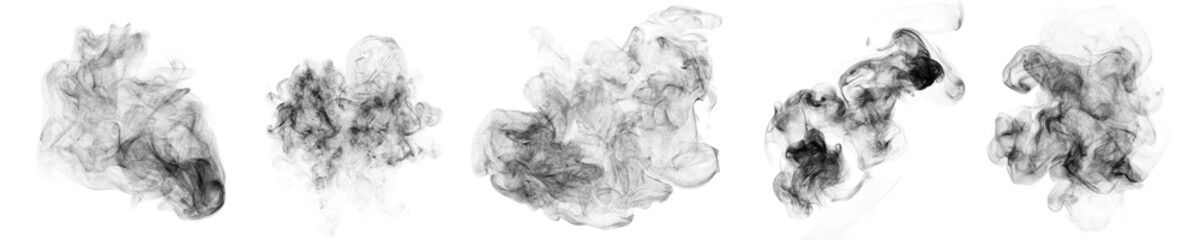 Smoke clouds, steam mist fog, realistic 3D isolated on black background. White foggy vapor smoke clouds from dust particles