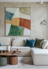 Minimalist modern living room with an oversized abstract art painting on the wall, beige walls and white sofas, earthy greens and blues of furniture, geometric patterns of artwork, wooden coffee table