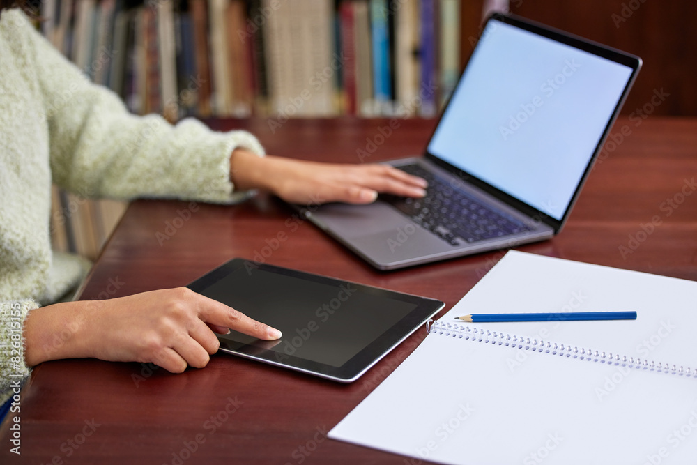Aufkleber library, university and woman on laptop and tablet for online research, studying and learning. educa