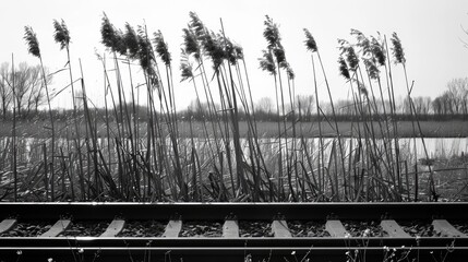 Fototapeta premium Tall reeds flourishing alongside the railway lines