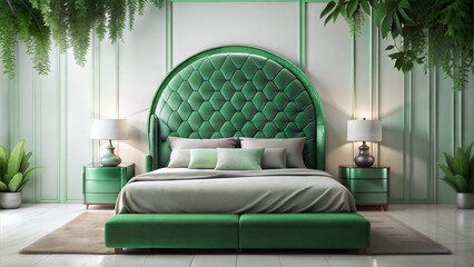 Generate an image of a luxurious bed with a green-themed aesthetic. The bed should be the focal point, set against a clean white background to match the minimalistic style of our instagram page