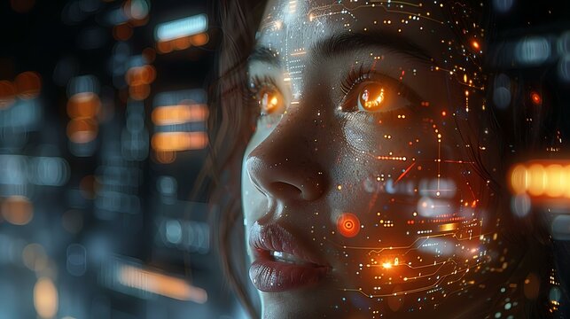 This captivating AI artwork depicts a close-up of a woman's face merged with futuristic digital elements. Glowing circuits and data streams blend seamlessly with her features