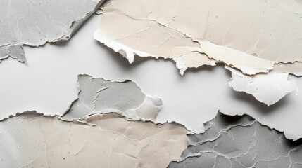 Collection of torn gray and beige papers on a white backdrop