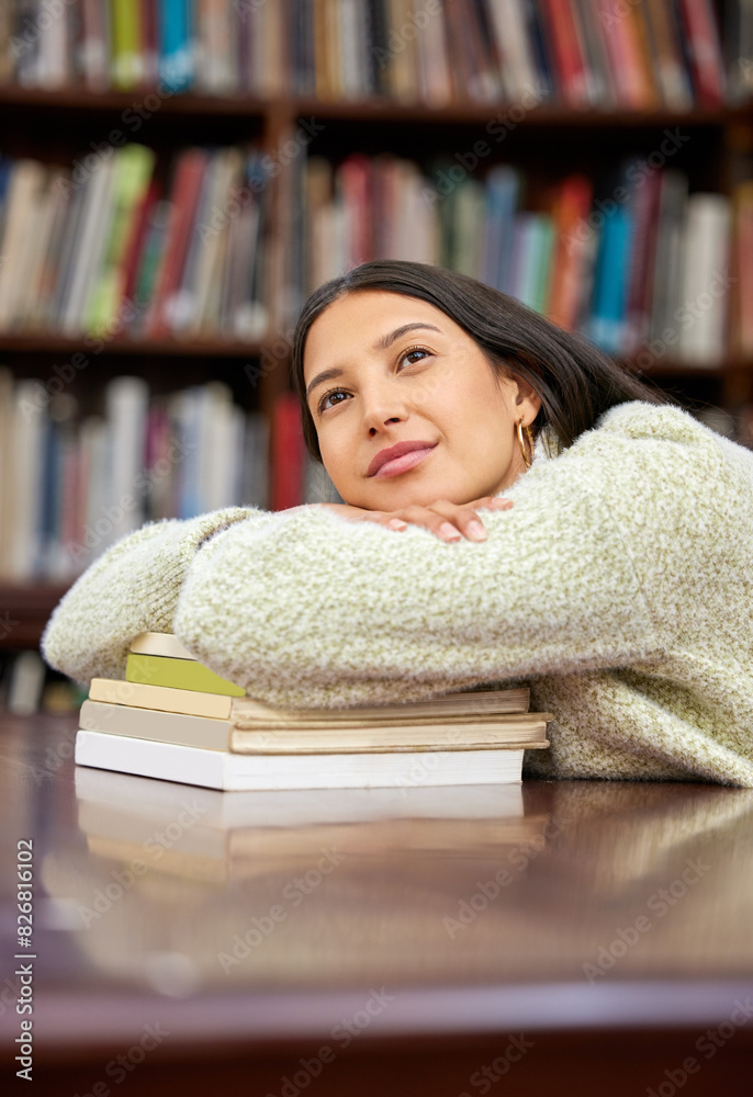 Poster student, library and books of thinking woman with textbook for knowledge, education and study hall. 