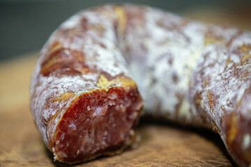 Rustic Blumenau salami, aged smoked and with probiotic mold on the surface