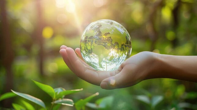 Glass world globe on the hand with nature blurry background under the morning light. World Environment Day, ecology, conservation.