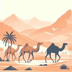 Camels Walking in a Serene Desert Landscape