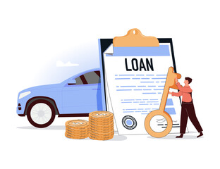 Dealership car loan, auto dealer illustration. Auto buy dealer, car dealership, used or rental vehicle shop vector