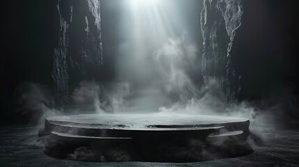 Podium black dark smoke background product platform abstract stage texture fog spotlight. Dark black floor podium dramatic empty night room table concrete wall scene place display studio smoky dust