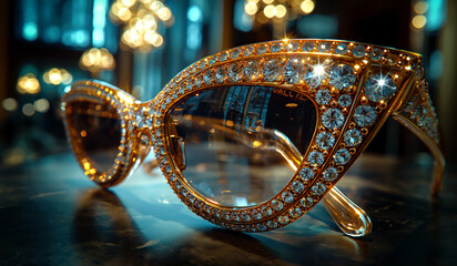 Closeup of a unique and modern shape women's sunglasses in gold, covered with shiny white diamonds