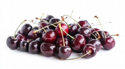 Bunch of dark red cherries perfectly centered on a clean white background in a high-resolution close-up