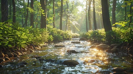 Fresh view of a forest with a river and sunlight filtering through