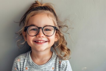 Fototapeta premium A child smiles with glasses on a plain background. Children's vision and eye health concept