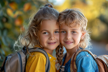 Fototapeta premium Happy White Siblings With Backpacks Ready for Back to School or Hike