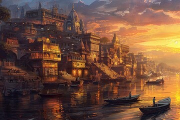 Naklejka premium Digital art of a tranquil sunset over a culturally rich riverside town in the east