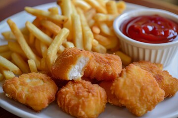 Chicken nuggets and french fries on white plate with ketchup