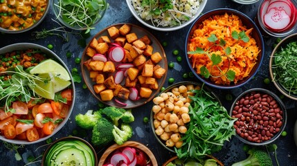 Vibrant vegan spread of delicious plant-based dishes on a beautifully styled table