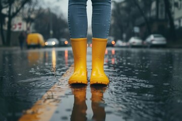 Close-up of yellow rubber boots standing in a puddle on a rainy day with city lights reflecting.