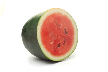 Close-up of a half watermelon (Citrullus Lanatus) fruit. Isolated on a white background.