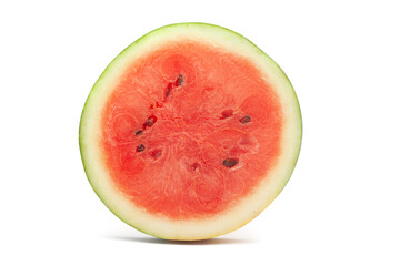 Close-up of a Circular Slice of watermelon (Citrullus Lanatus). Isolated on a white background.