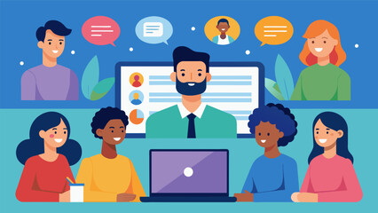 The group holds a roundtable discussion sharing their experiences of using live streaming and video conferencing tools for hosting virtual services. Vector illustration