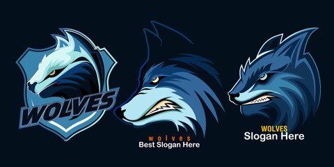  wolves mascot esport logo design, fox head emblem. vector illustration, collection of wolf emblems, logos, icons of a howling, roaring wolf.  A dangerous beast, a wild predator, a forest dweller.  © Cindy