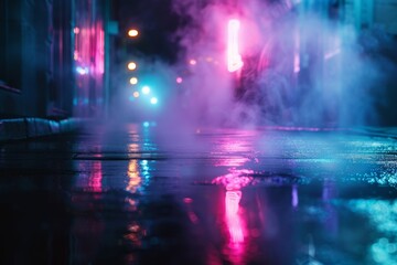 Neon lights and smoke on wet street