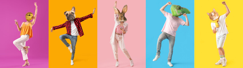 Set of dancing people with heads of different animals on color background