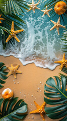 Tropical summer sand beach and palm on sea sky background, copy space. Summer vacation and travel concept.