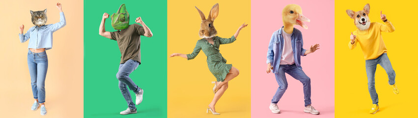 Set of dancing people with heads of different animals on color background