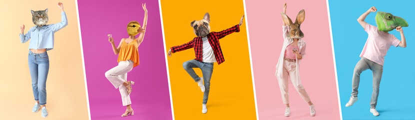 Set of dancing people with heads of different animals on color background
