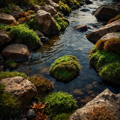 Small stream flowing through moss covered rocks