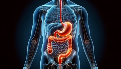 A detailed 3D rendering of the human digestive system, highlighting the stomach and intestines with a focus on dyspepsia.
