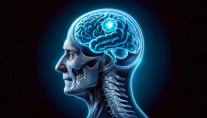A detailed medical illustration of the human brain, highlighting a brain tumor in the cerebral cortex of an elderly person, showcasing the skull and spine anatomy.