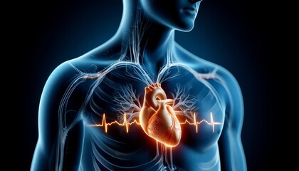 A detailed 3D rendering of the human heart and circulatory system, with an electrocardiogram heartbeat displayed.